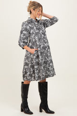 Black Floral Button Down 3/4 Sleeve Maternity Midi Dress