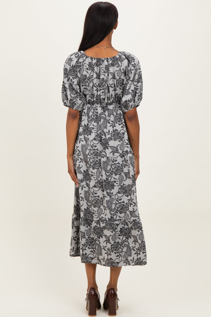 Black Floral V-Neck 3/4 Sleeve Midi Dress