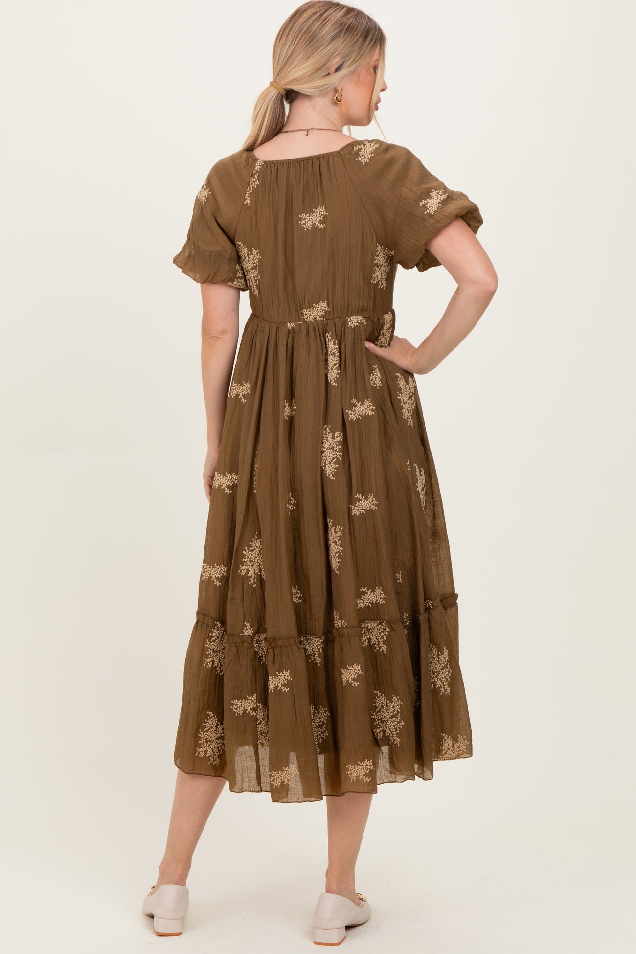 Mocha Floral Embroidered Puff Sleeve Midi Dress