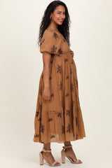 Taupe Floral Embroidered Puff Sleeve Maternity Midi Dress
