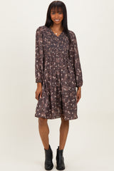 Brown Floral Smocked Long Sleeve Maternity Dress