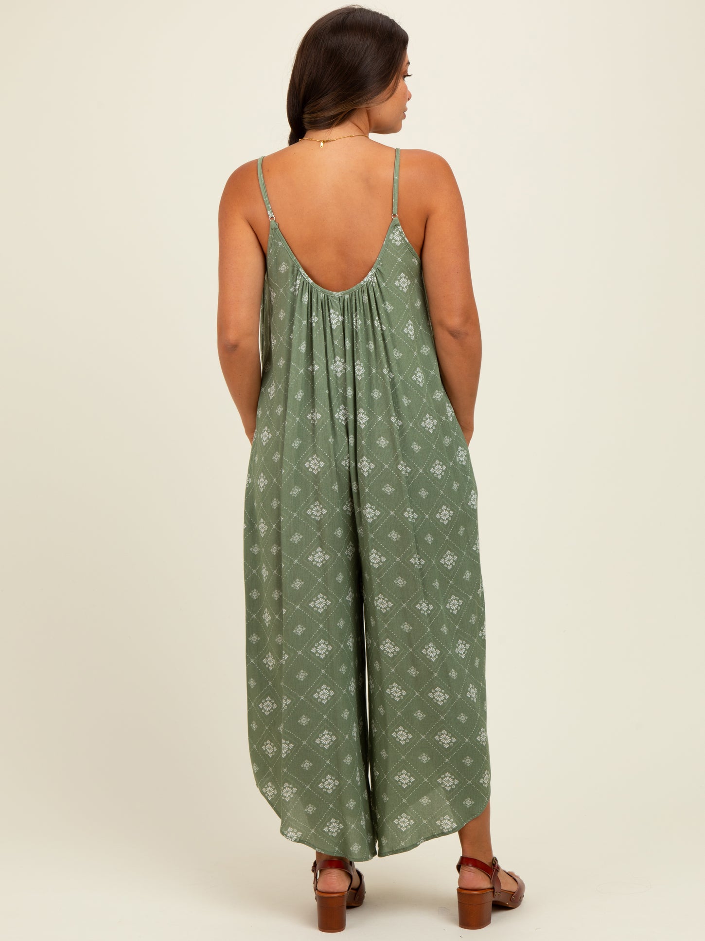 Olive Tile Mosaic Printed Cami Maternity Jumpsuit