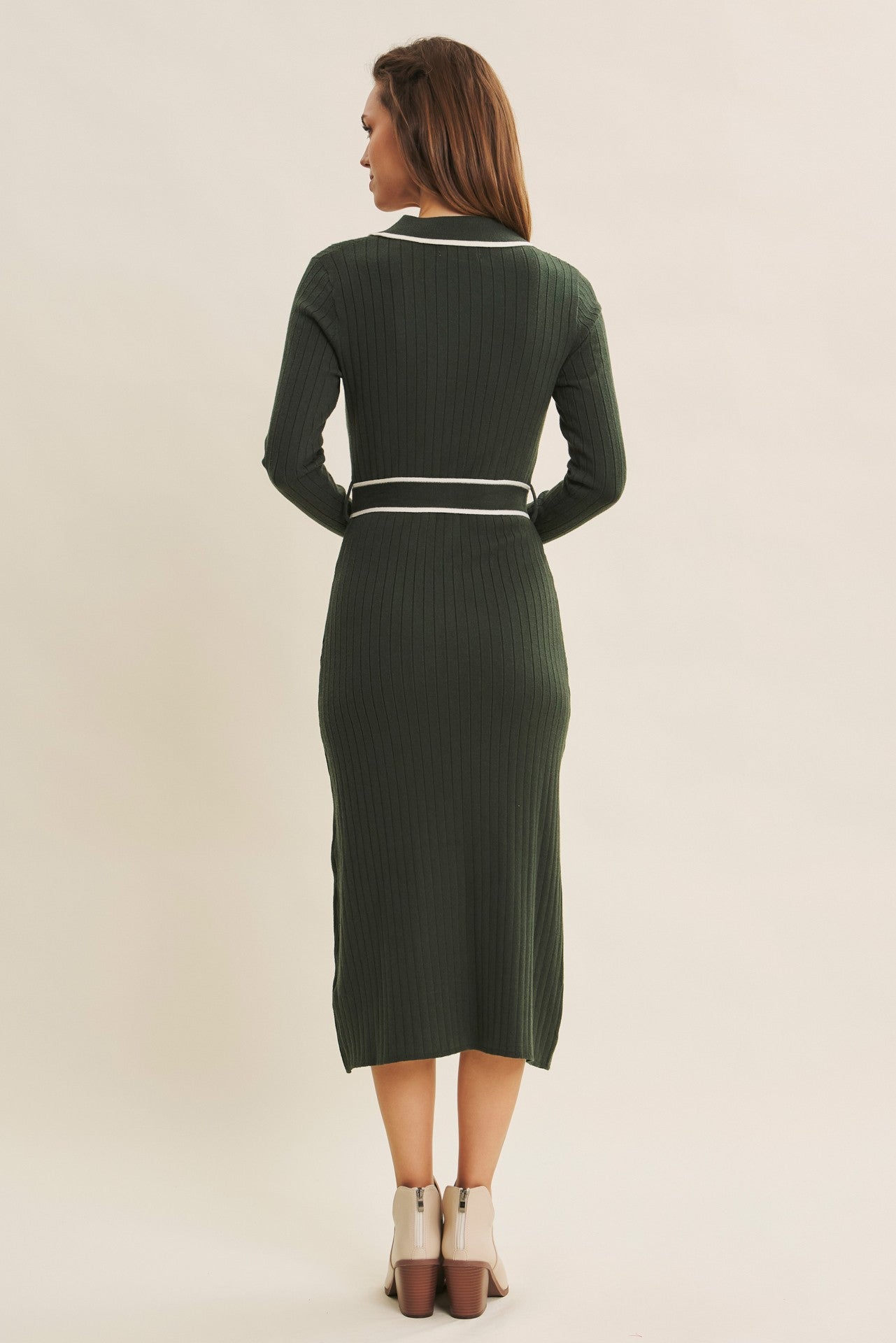 Hunter Green Soft Stretchy Rib Fitted Sweater Midi Dress