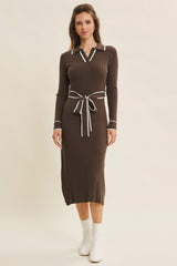 Brown Soft Stretchy Rib Fitted Maternity Sweater Midi Dress