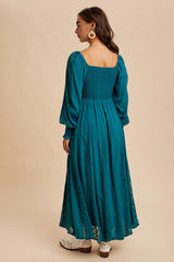 Emerald Lace Inset Smocked Maxi Dress