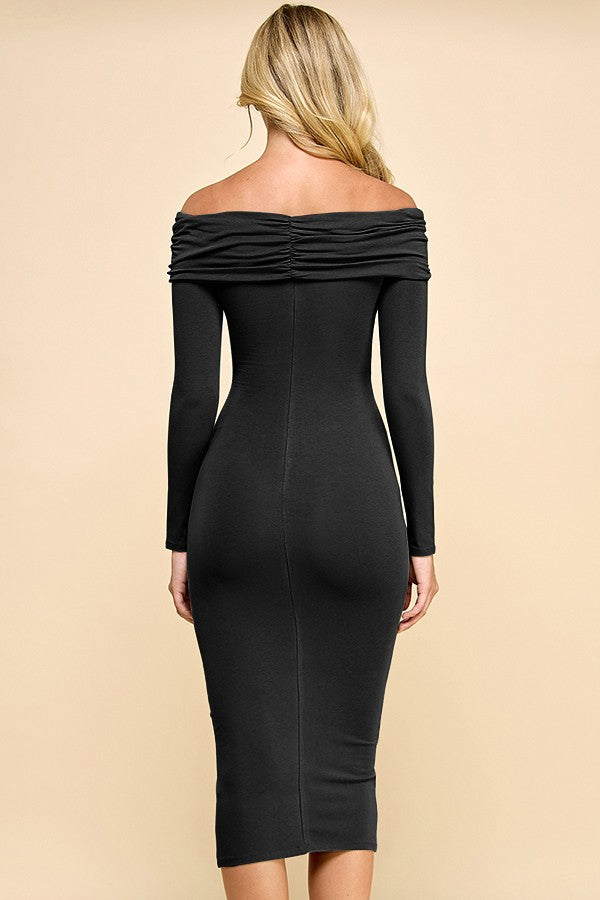 woman wearing a black off-the-shoulder long sleeve bodycon dress showcasing a fitted silhouette from the back