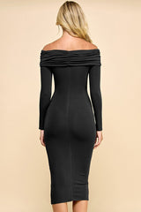 woman wearing a black off-the-shoulder long sleeve bodycon dress showcasing a fitted silhouette from the back