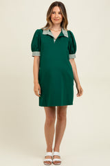Forest Green Mock Neck Contrast Striped Trim Maternity Mini Dress