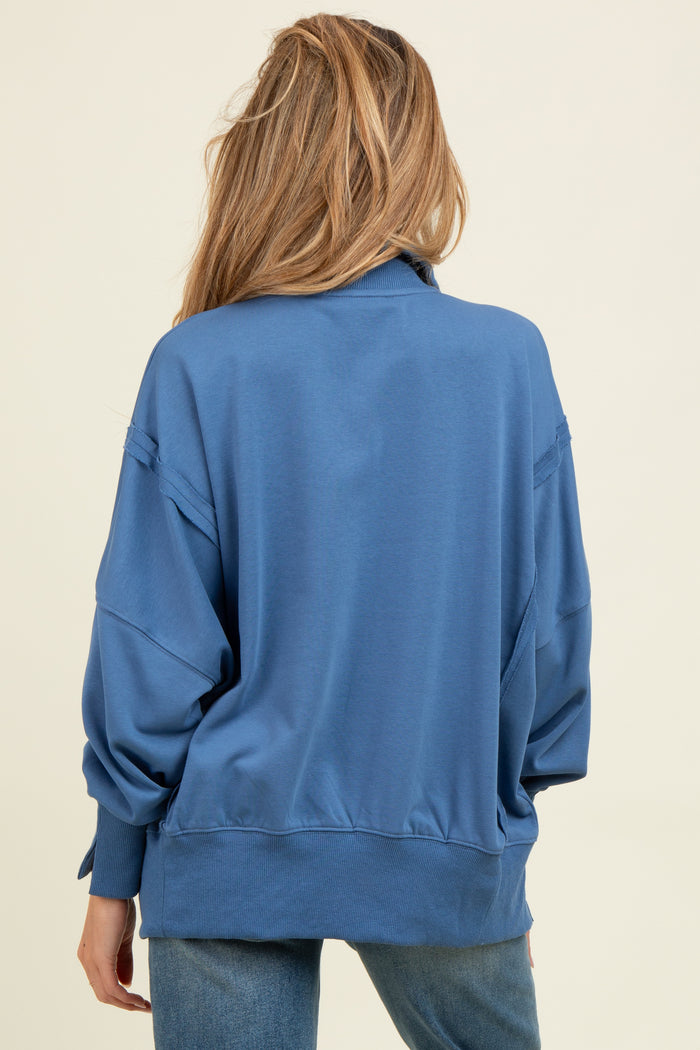 Blue Snap Button Pullover Henley Maternity Sweatshirt