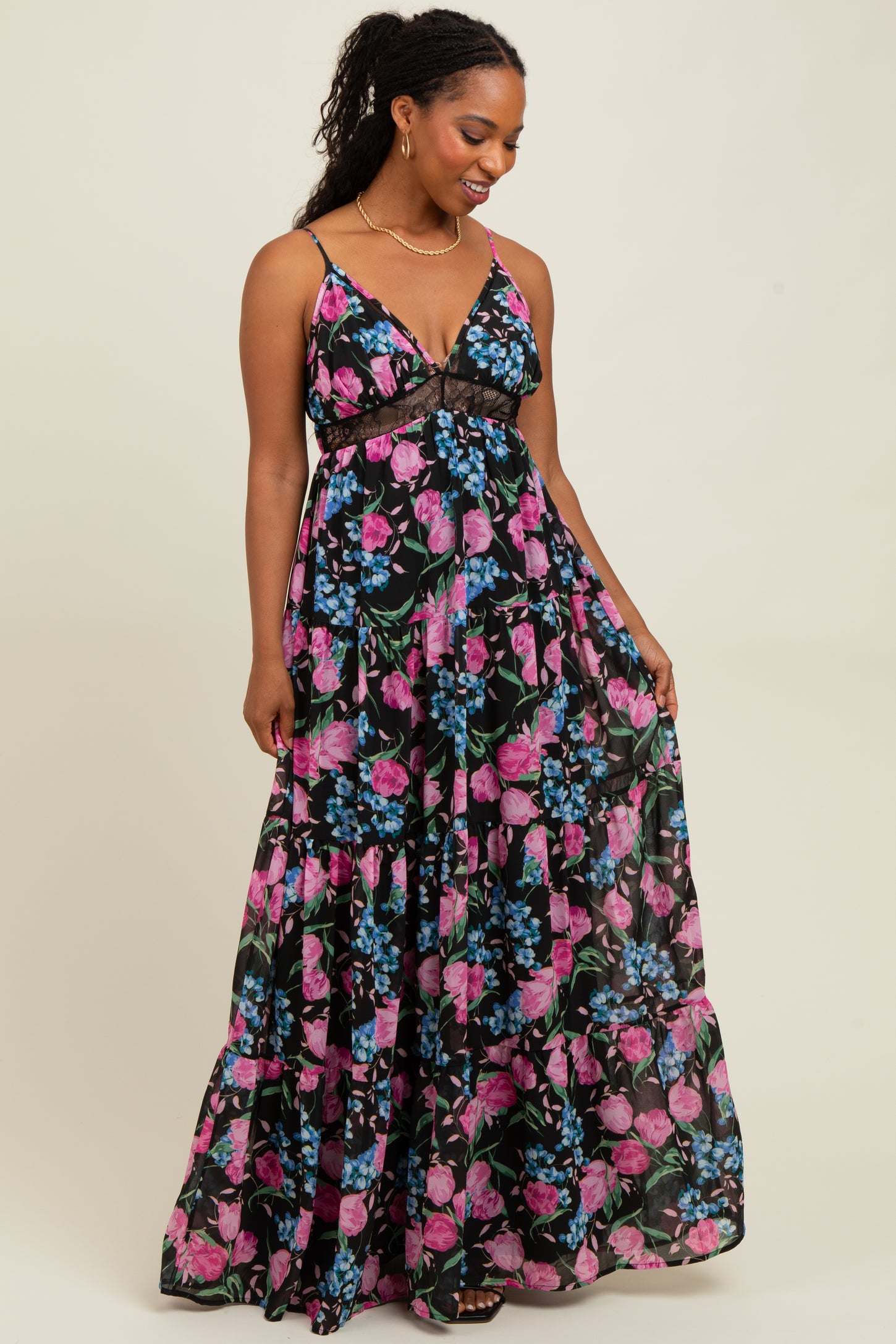 Black Floral Lace Inset Tiered Maternity Maxi Dress