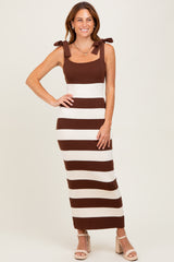 Brown Striped Knit Shoulder Tie Maternity Maxi Dress