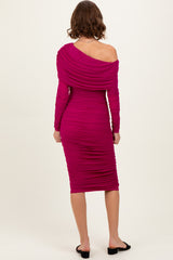Magenta Ruched Mesh Off Shoulder Long Sleeve Midi Dress