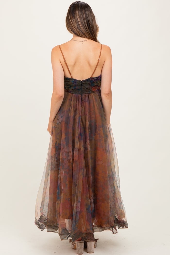 Multi Color Floral Mesh Tulle Overlay Maternity Maxi Dress