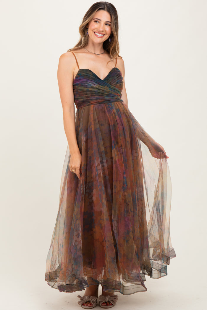 Multi Color Floral Mesh Tulle Overlay Maternity Maxi Dress