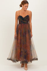 Multi Color Floral Mesh Tulle Overlay Maternity Maxi Dress