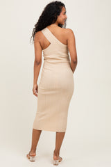 Beige Metallic Ribbed Knit One Strap Maternity Midi Dress