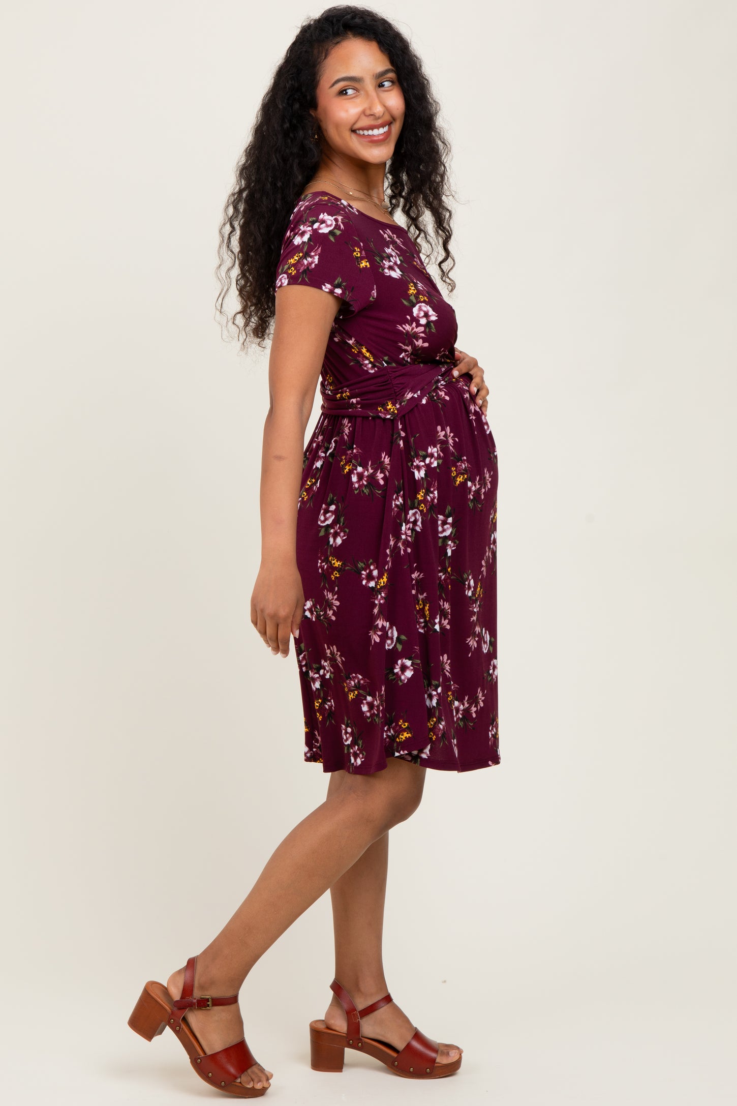 Burgundy Floral Crossover Front Maternity Dress