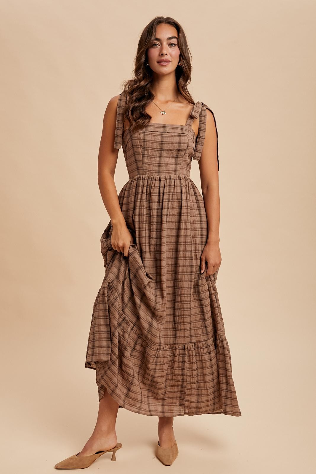 Mocha Plaid Sleeveless Cotton Maternity Maxi Dress