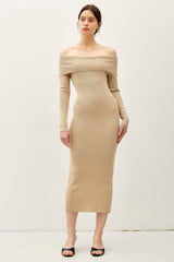 Beige Knit Off Shoulder Long Sleeve Midi Dress