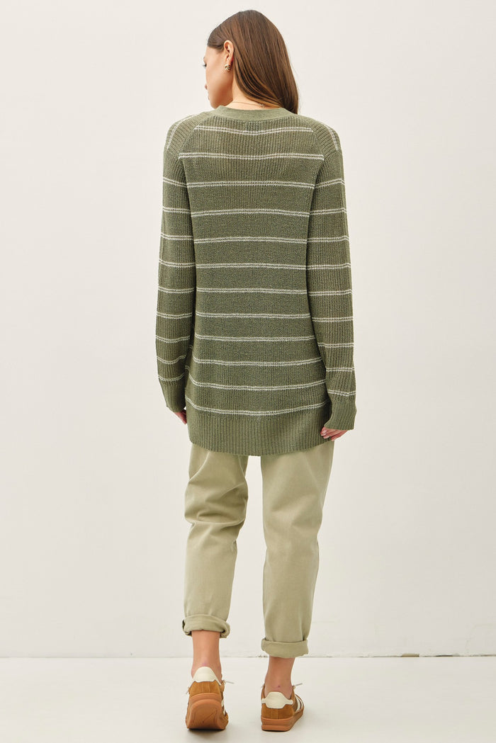 Olive Fine Knit Striped Open Cardigan