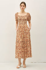 Rust Floral Smocked Tiered Midi Dress
