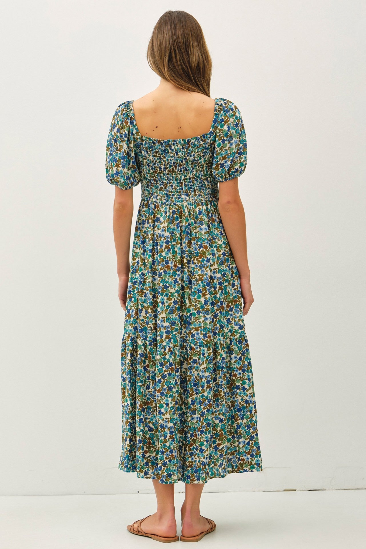 Blue Floral Smocked Tiered Midi Dress