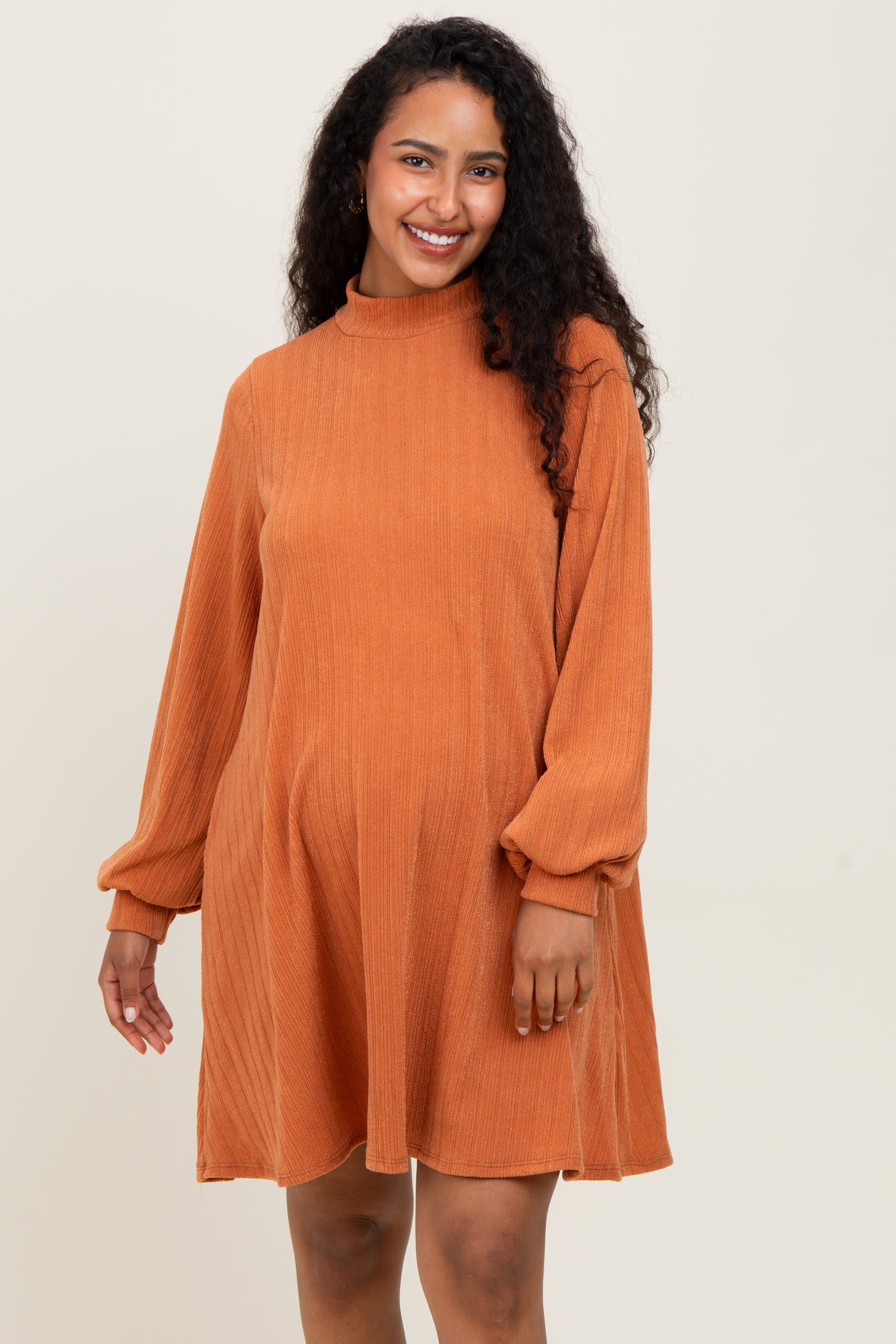 Camel Ribbed Mock Neck Bubble Sleeve Maternity Dress