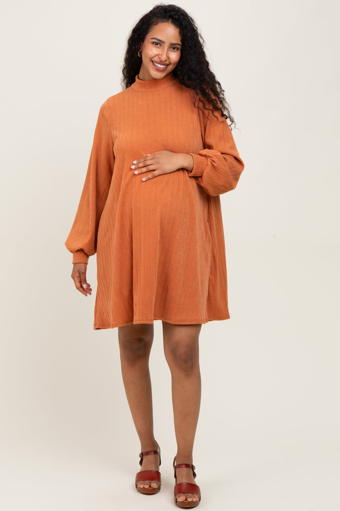 Camel Ribbed Mock Neck Bubble Sleeve Maternity Dress