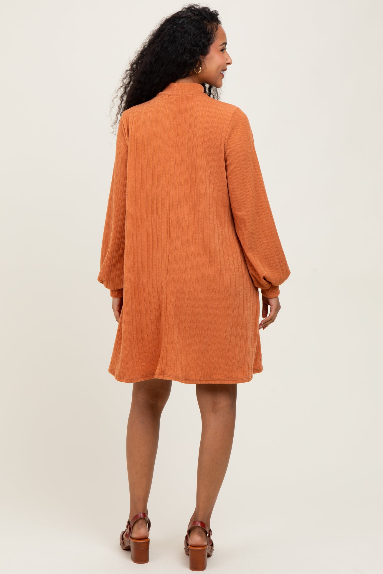 Camel Ribbed Mock Neck Bubble Sleeve Maternity Dress