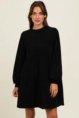 Black Ribbed Mock Neck Bubble Sleeve Dress