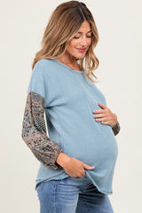 Light Blue Floral Ribbed Colorblock Maternity Long Sleeve