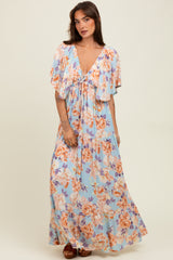 Light Blue Floral Flyway Sleeve V-Neck Tiered Maxi Dress