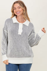 Charcoal Two Tone Stripe Textured Henley Neck Maternity Sweater Top