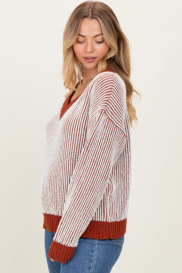 Rust Two Tone Ribbed V-Neck Chenille Maternity Sweater