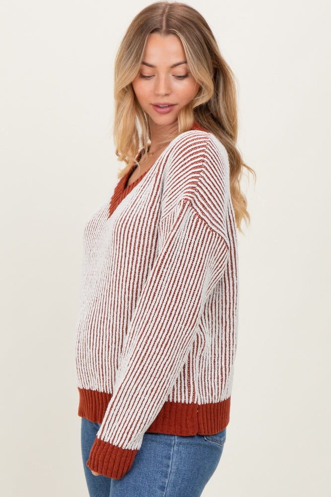Rust Two Tone Ribbed V-Neck Chenille Maternity Sweater