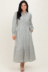 Green Striped Collared Button Down Waist Tie Maternity Maxi Dress