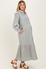 Green Striped Collared Button Down Waist Tie Maternity Maxi Dress