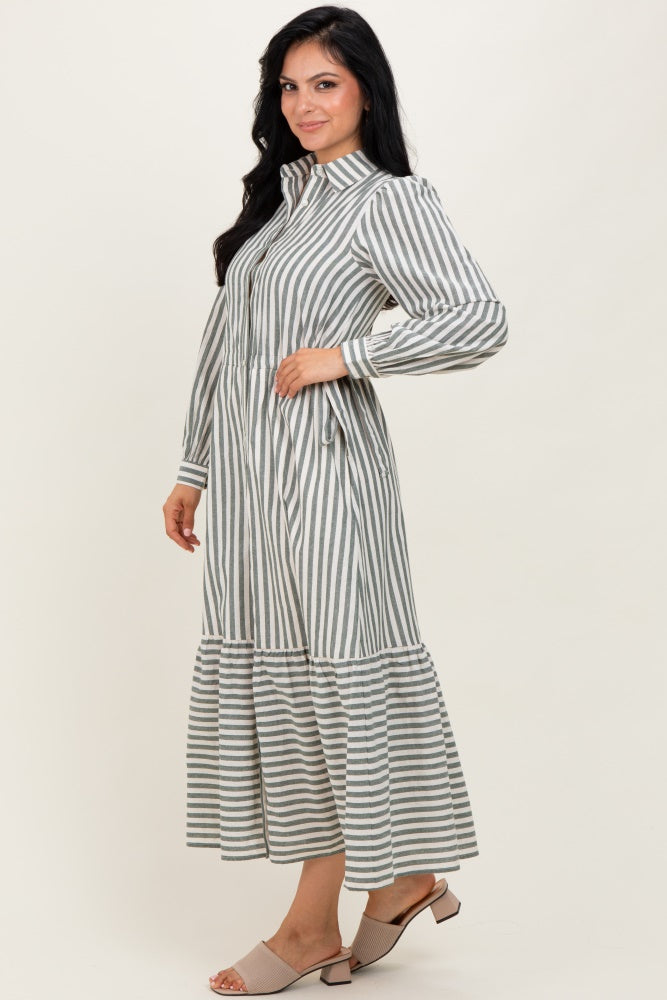 Green Striped Collared Button Down Waist Tie Maxi Dress