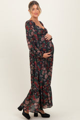 Black Floral Long Balloon Sleeve Sweetheart Neck Maternity Maxi Dress