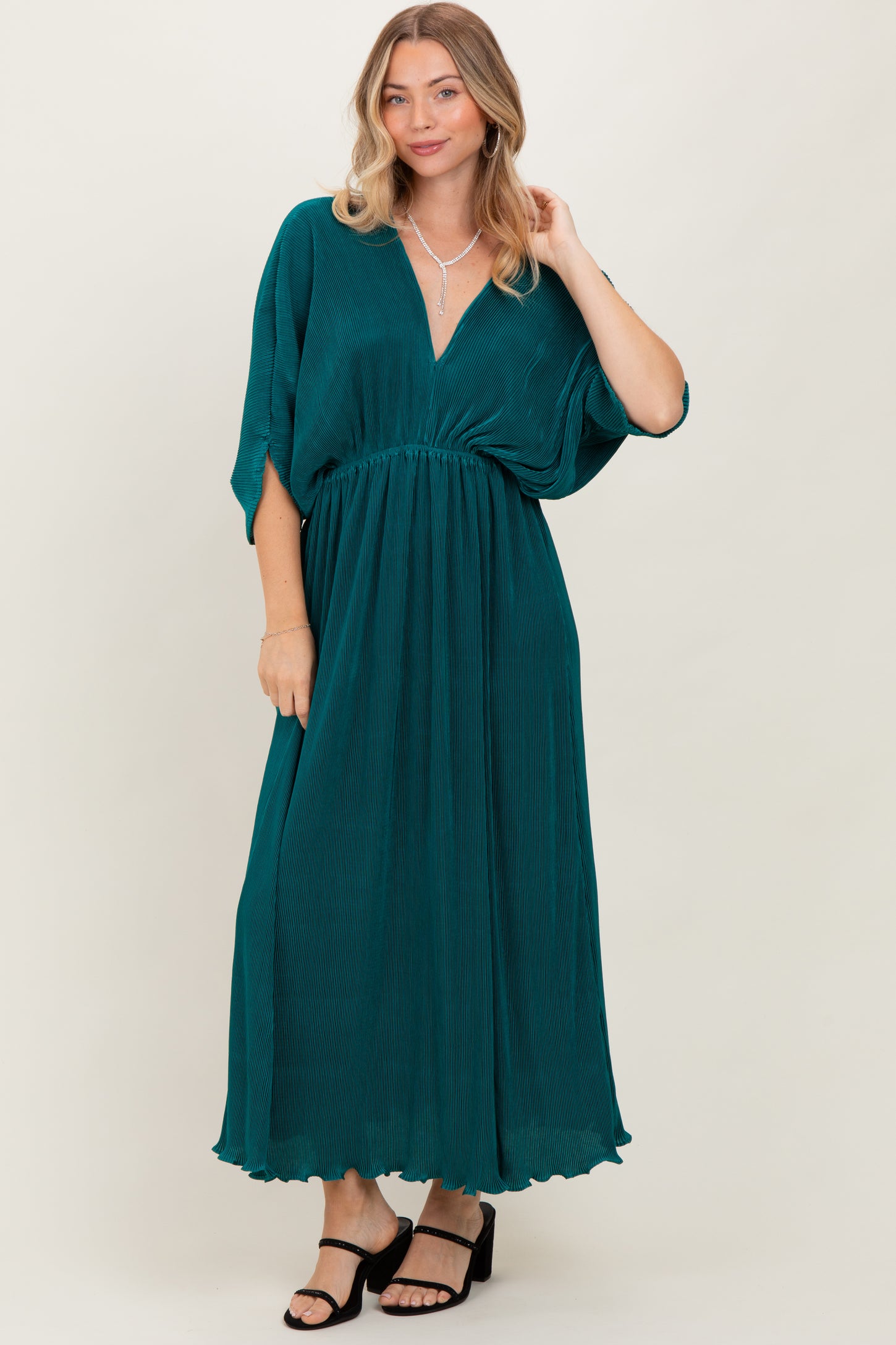 Forest Green Pleated Satin Dolman Sleeve Maxi Dress