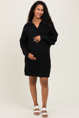 Black Chunky Knit Collared Maternity Sweater Dress