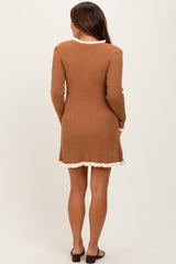 Camel Ribbed Knit Contrast Ruffle Trim Maternity Mini Dress