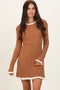 Camel Ribbed Knit Contrast Ruffle Trim Mini Dress