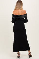 maternity wear black off-the-shoulder maxi dress with embellished neckline, model seen from the back