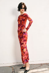 Red Floral Mesh Off Shoulder Long Sleeve Maxi Dress