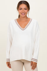 Ivory Deep V-Neck Border Stripe Maternity Sweater