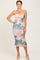 woman wearing a colorful tie-dye bodycon midi dress with ruched details and spaghetti straps