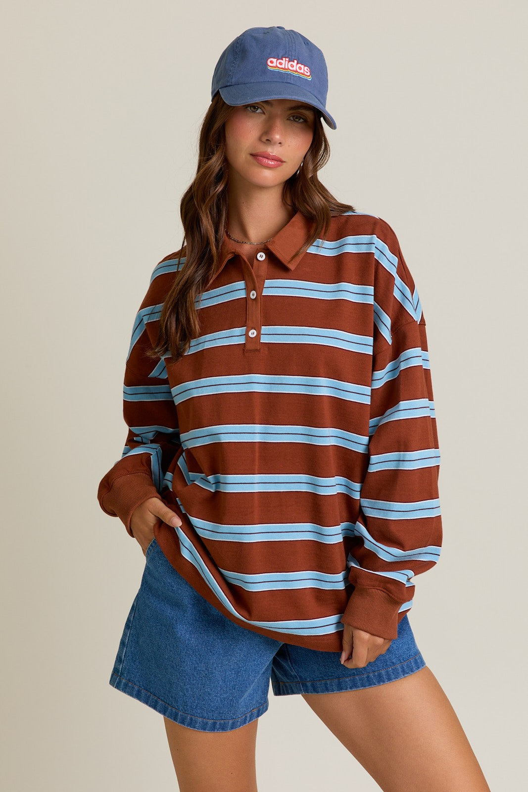 Brown Striped Oversized Long Sleeve Maternity Polo Top