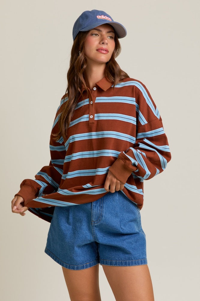 Brown Striped Oversized Long Sleeve Polo Top