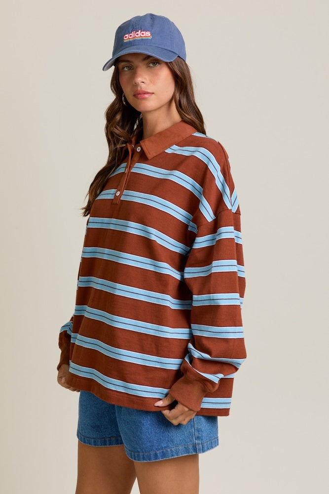 Brown Striped Oversized Long Sleeve Polo Top